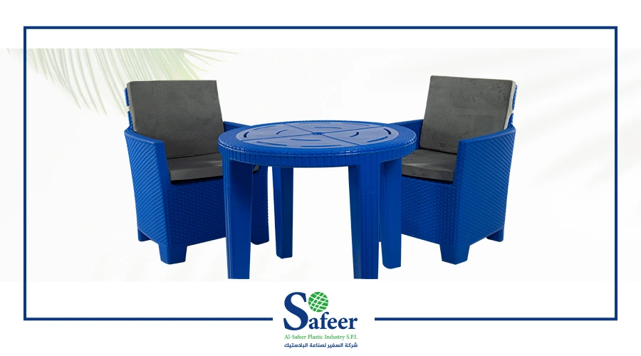 طقم حديقة انتريه رتان بالترابيزة ازرق